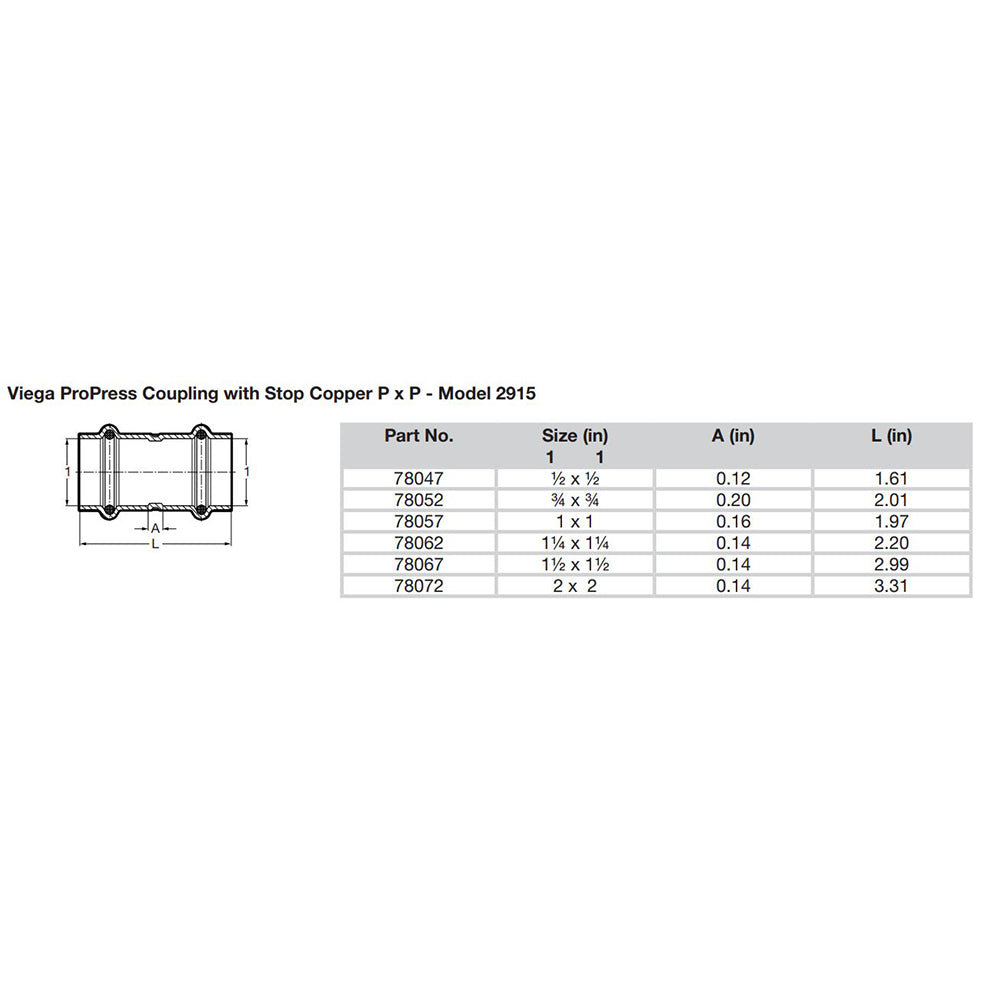 Viega ProPress 1 Copper Coupling wStop Double Press Connection Smart Connect Technology 78057