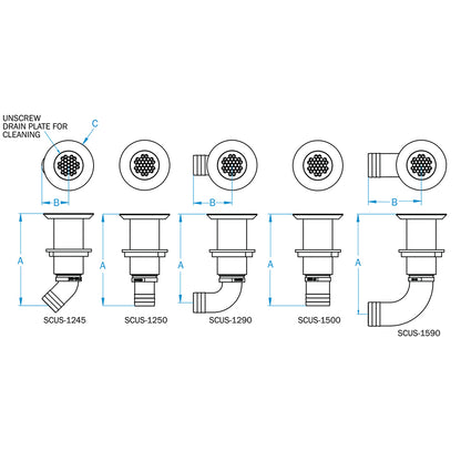 GROCO 114 Hose Barb Stainless Straight Deck Drain SCUS1250