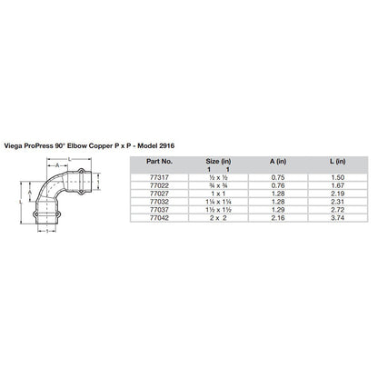 Viega ProPress 112  90 Copper Elbow  Double Press Connection  Smart Connect Technology 77037