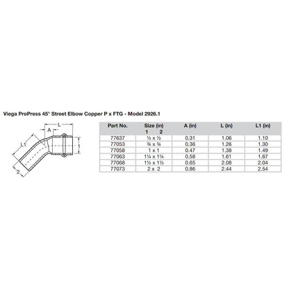 Viega ProPress 1  45 Copper Elbow  StreetPress Connection  Smart Connect Technology 77058
